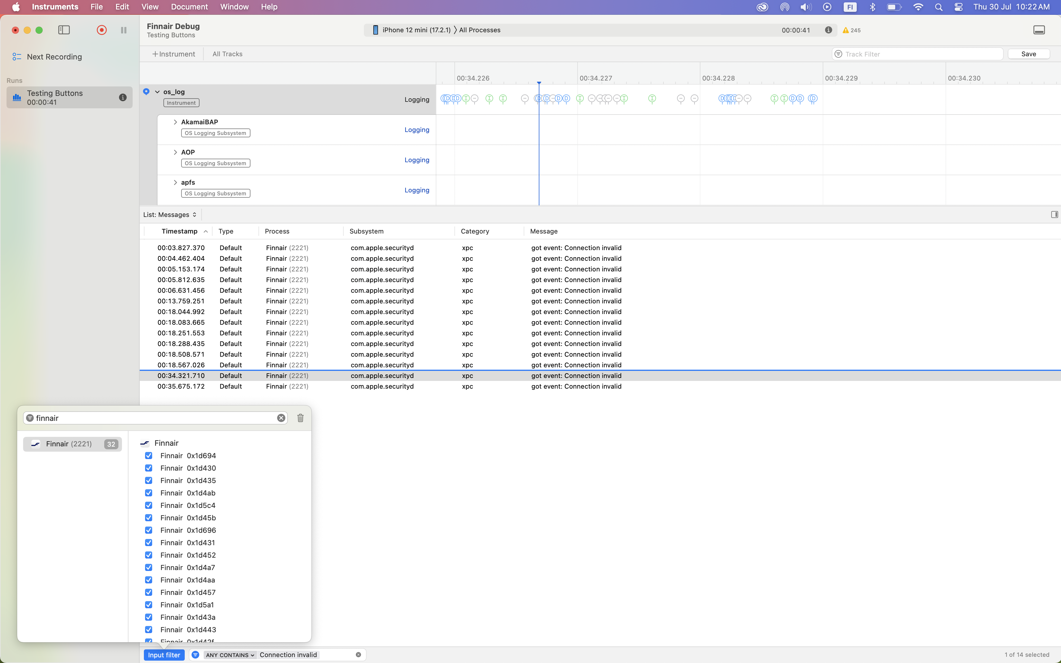 Screenshot of Xcode while debugging the Finnair mobile app showing connection failure event from the securityd process.