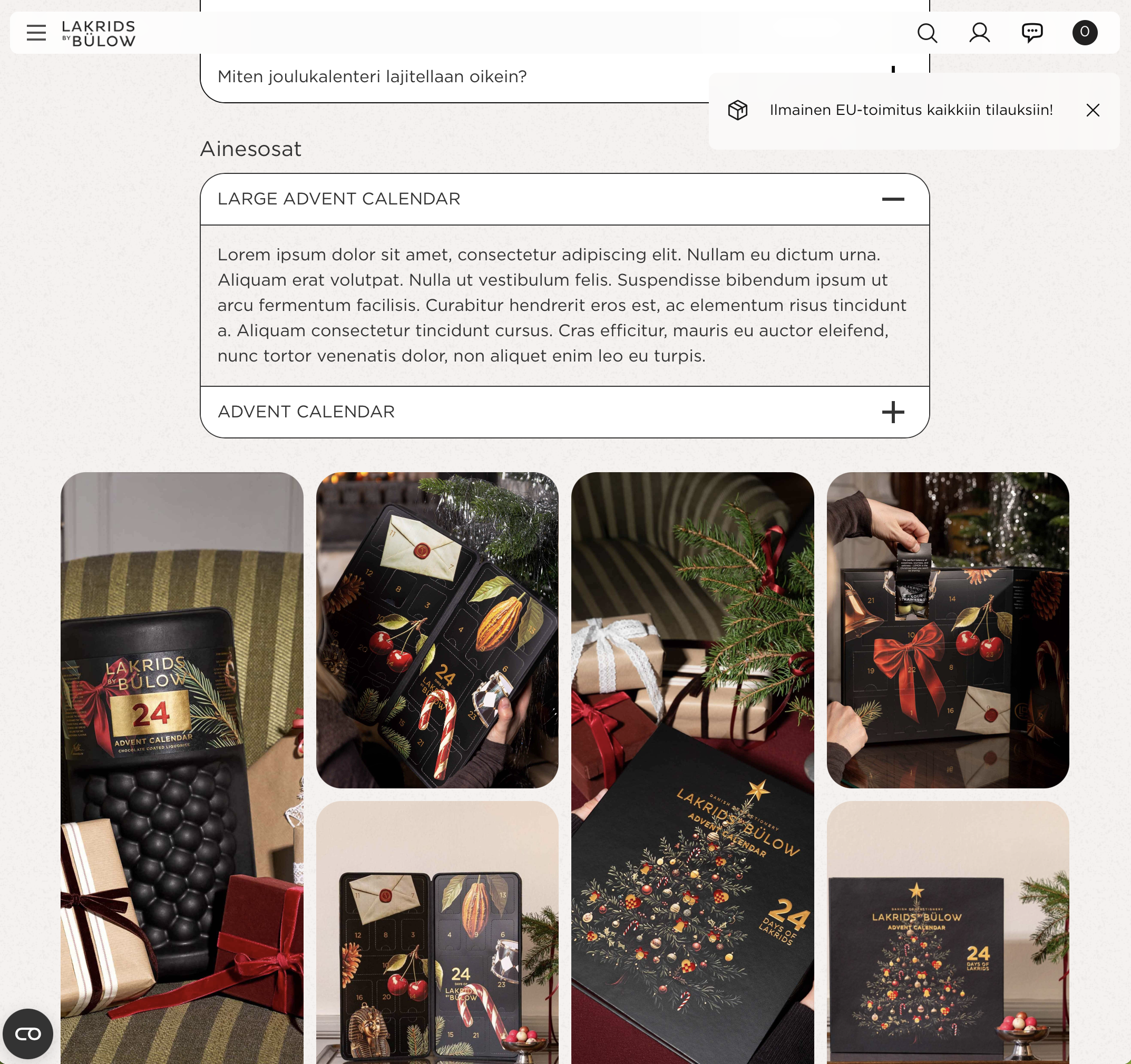 Screenshot of Lakrids by Bülow christmas calendar campaign page with "lorem ipsum" placeholder text showing.